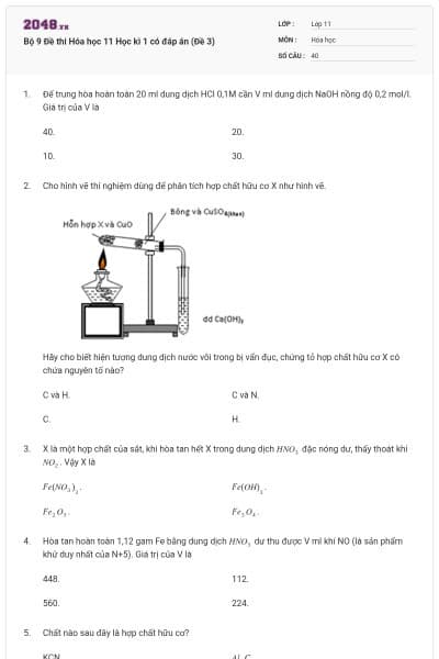 Bộ 9 Đề thi Hóa học 11 Học kì 1 có đáp án (Đề 3)