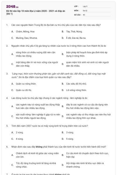 Đề thi vào lớp 10 môn Địa Lí năm 2020 - 2021 có đáp án (Đề 1)