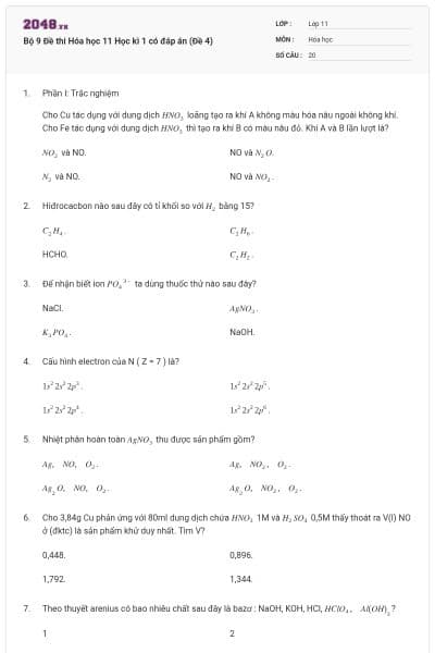 Bộ 9 Đề thi Hóa học 11 Học kì 1 có đáp án (Đề 4)