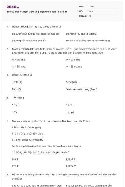 40 câu trắc nghiệm Cảm ứng điện từ cơ bản có đáp án