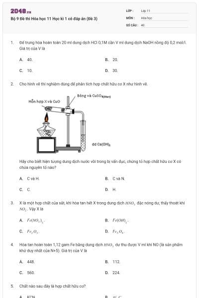 Bộ 9 Đề thi Hóa học 11 Học kì 1 có đáp án (Đề 3)