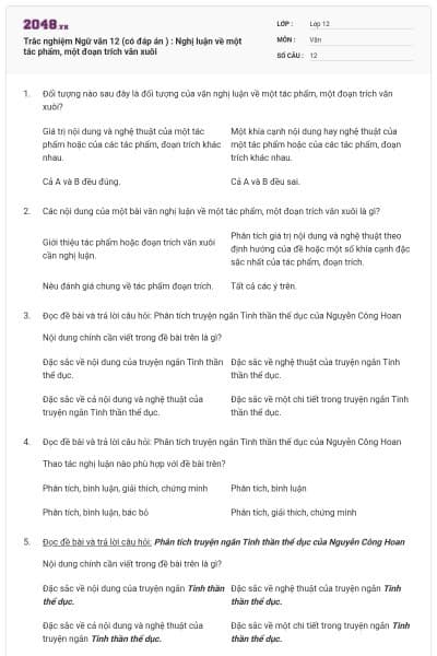 Trắc nghiệm Ngữ văn 12 (có đáp án ) : Nghị luận về một tác phẩm, một đoạn trích văn xuôi
