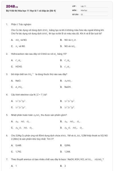 Bộ 9 Đề thi Hóa học 11 Học kì 1 có đáp án (Đề 4)