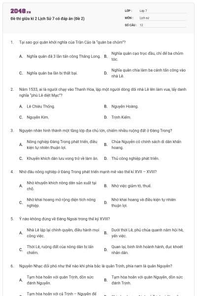 Đề thi giữa kì 2 Lịch Sử 7 có đáp án (Đề 2)