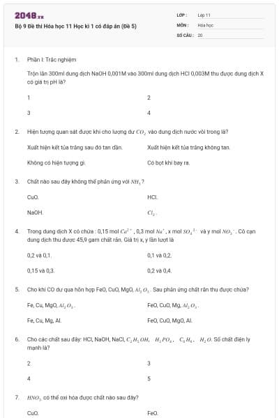 Bộ 9 Đề thi Hóa học 11 Học kì 1 có đáp án (Đề 5)