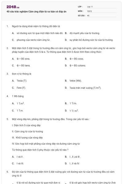 40 câu trắc nghiệm Cảm ứng điện từ cơ bản có đáp án