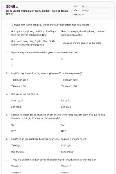 Đề thi vào lớp 10 môn Sinh học năm 2020 - 2021 có đáp án (Đề 3)