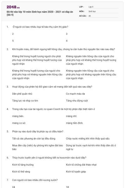Đề thi vào lớp 10 môn Sinh học năm 2020 - 2021 có đáp án (Đề 4)
