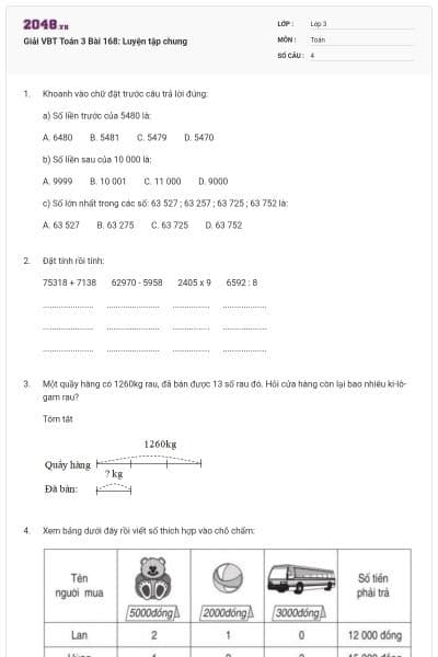 Giải VBT Toán 3 Bài 168: Luyện tập chung