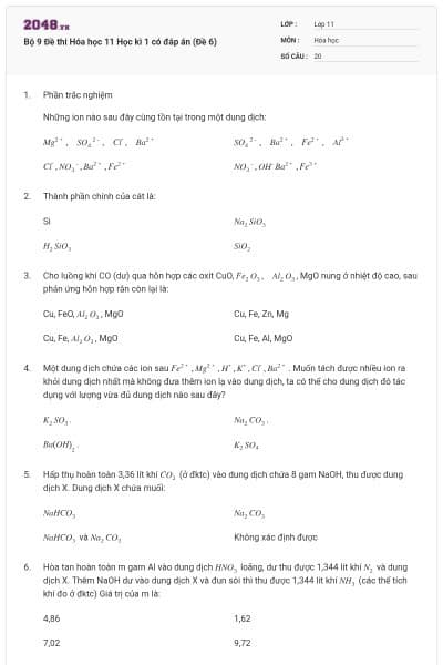 Bộ 9 Đề thi Hóa học 11 Học kì 1 có đáp án (Đề 6)