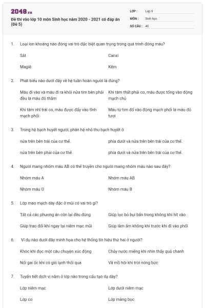 Đề thi vào lớp 10 môn Sinh học năm 2020 - 2021 có đáp án (Đề 5)