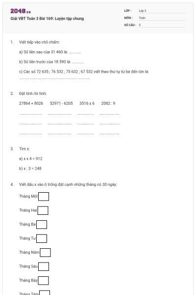 Giải VBT Toán 3 Bài 169: Luyện tập chung