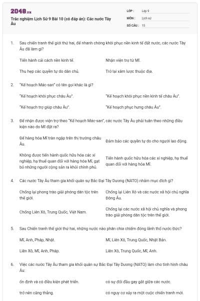 Trắc nghiệm Lịch Sử 9 Bài 10 (có đáp án): Các nước Tây Âu