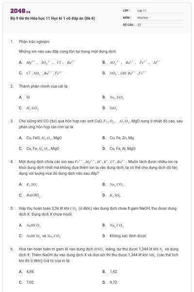Bộ 9 Đề thi Hóa học 11 Học kì 1 có đáp án (Đề 6)
