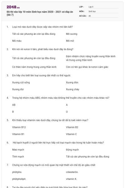 Đề thi vào lớp 10 môn Sinh học năm 2020 - 2021 có đáp án (Đề 7)