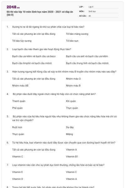 Đề thi vào lớp 10 môn Sinh học năm 2020 - 2021 có đáp án (Đề 8)