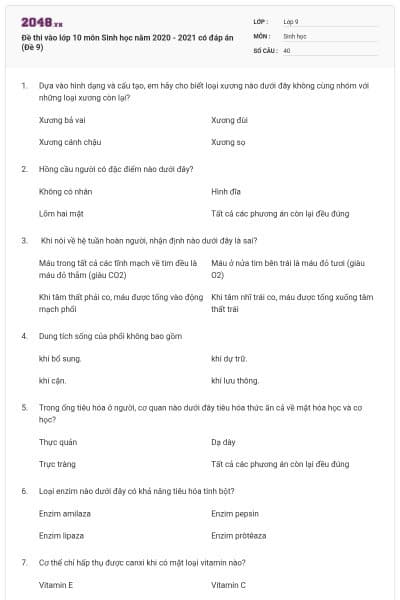 Đề thi vào lớp 10 môn Sinh học năm 2020 - 2021 có đáp án (Đề 9)