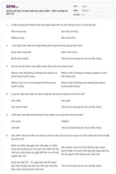 Đề thi vào lớp 10 môn Sinh học năm 2020 - 2021 có đáp án (Đề 10)