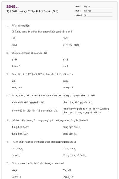 Bộ 9 Đề thi Hóa học 11 Học kì 1 có đáp án (Đề 7)