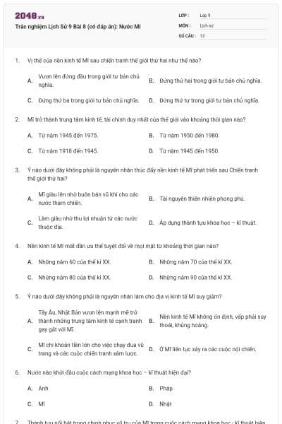 Trắc nghiệm Lịch Sử 9 Bài 8 (có đáp án): Nước Mĩ