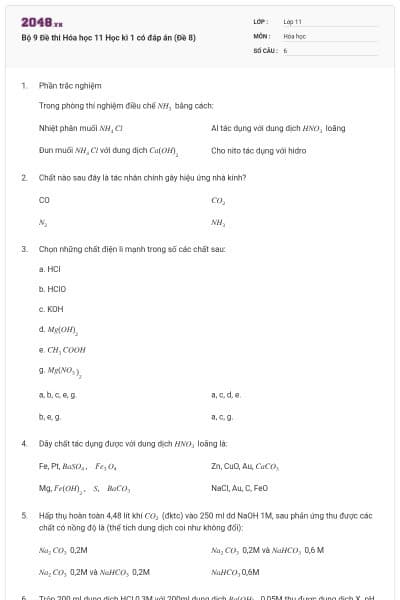 Bộ 9 Đề thi Hóa học 11 Học kì 1 có đáp án (Đề 8)