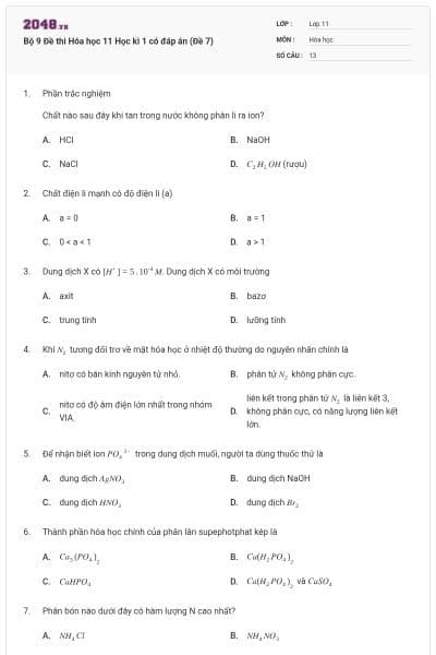 Bộ 9 Đề thi Hóa học 11 Học kì 1 có đáp án (Đề 7)