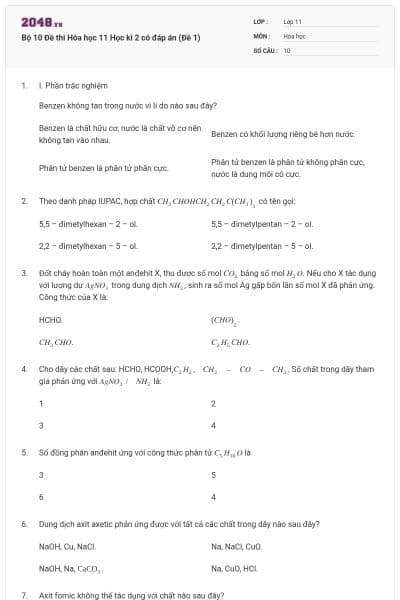 Bộ 10 Đề thi Hóa học 11 Học kì 2 có đáp án (Đề 1)