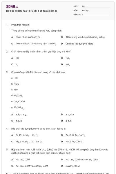 Bộ 9 Đề thi Hóa học 11 Học kì 1 có đáp án (Đề 8)