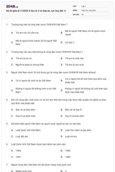 Đề thi giữa kì 2 GDCD 6 Học kì 2 có đáp án, cực hay (Đề 1)
