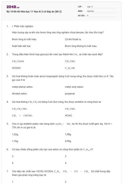 Bộ 10 Đề thi Hóa học 11 Học kì 2 có đáp án (Đề 2)