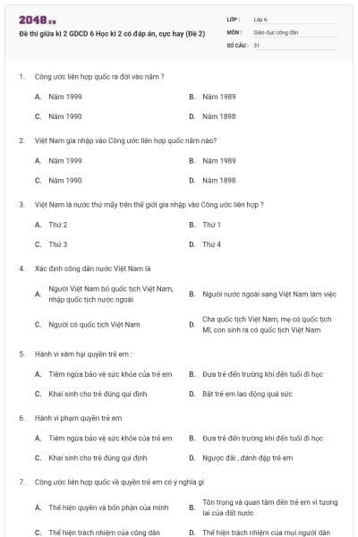 Đề thi giữa kì 2 GDCD 6 Học kì 2 có đáp án, cực hay (Đề 2)