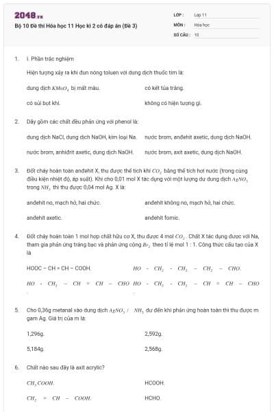 Bộ 10 Đề thi Hóa học 11 Học kì 2 có đáp án (Đề 3)