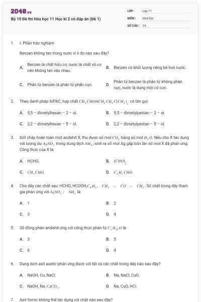 Bộ 10 Đề thi Hóa học 11 Học kì 2 có đáp án (Đề 1)