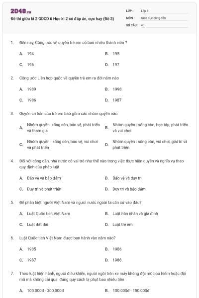 Đề thi giữa kì 2 GDCD 6 Học kì 2 có đáp án, cực hay (Đề 3)