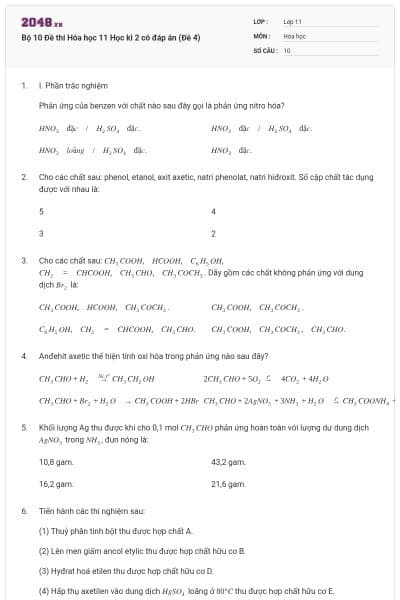 Bộ 10 Đề thi Hóa học 11 Học kì 2 có đáp án (Đề 4)