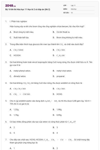 Bộ 10 Đề thi Hóa học 11 Học kì 2 có đáp án (Đề 2)