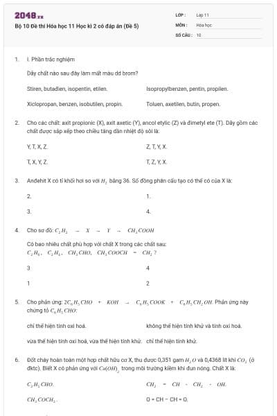 Bộ 10 Đề thi Hóa học 11 Học kì 2 có đáp án (Đề 5)