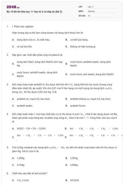 Bộ 10 Đề thi Hóa học 11 Học kì 2 có đáp án (Đề 3)