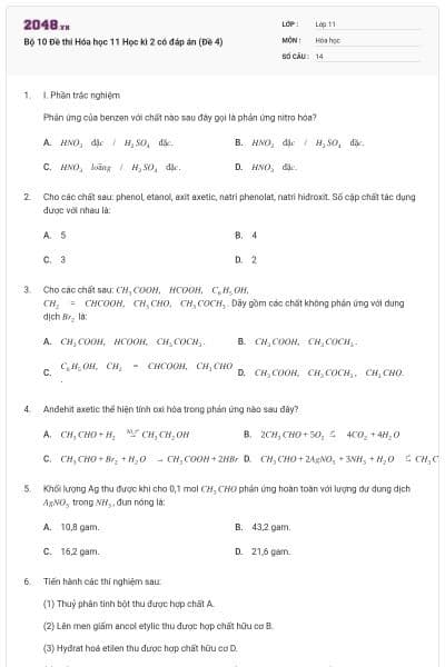 Bộ 10 Đề thi Hóa học 11 Học kì 2 có đáp án (Đề 4)