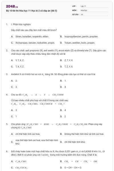 Bộ 10 Đề thi Hóa học 11 Học kì 2 có đáp án (Đề 5)