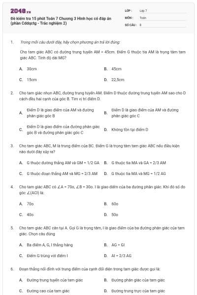 Đề kiểm tra 15 phút Toán 7 Chương 3 Hình học có đáp án (phần Cddqctg - Trắc nghiệm 2)