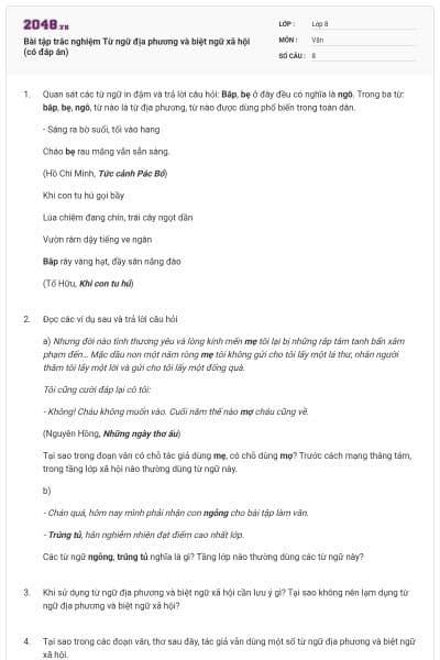 Bài tập trắc nghiệm Từ ngữ địa phương và biệt ngữ xã hội (có đáp án)