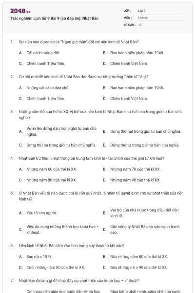 Trắc nghiệm Lịch Sử 9 Bài 9 (có đáp án): Nhật Bản