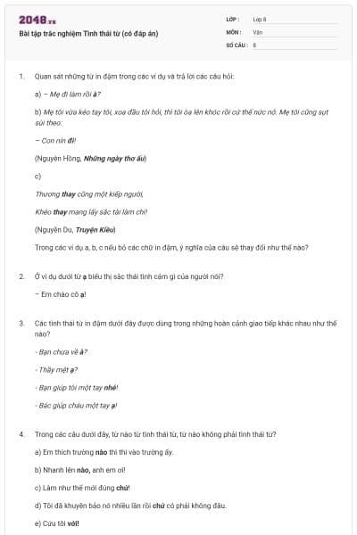 Bài tập trắc nghiệm Tình thái từ (có đáp án)