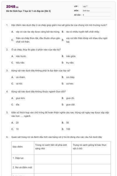 Đề thi Sinh học 7 học kì 1 có đáp án (Đề 3)