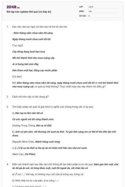 Bài tập trắc nghiệm Nói quá (có đáp án)