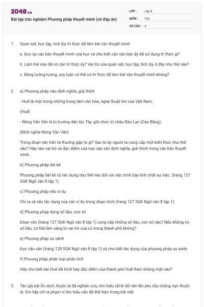 Bài tập trắc nghiệm Phương pháp thuyết minh (có đáp án)