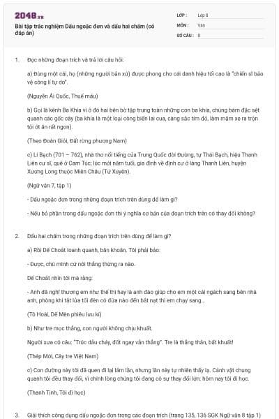 Bài tập trắc nghiệm Dấu ngoặc đơn và dấu hai chấm (có đáp án)