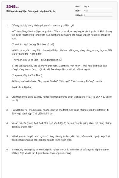 Bài tập trắc nghiệm Dấu ngoặc kép (có đáp án)