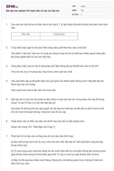 Bài tập trắc nghiệm Ôn luyện dấu về câu (có đáp án) 